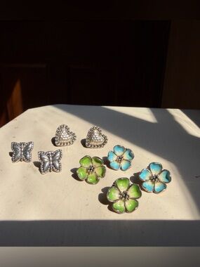John Hardy Blue & Green Enamel Flower and Butterfly 925 Silver Stud Earrings